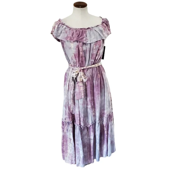 Lulus Dazed Purple Multi Tie-Dye Ruffled Off-the-Shoulder Midi Dress M - Picture 6 of 11
